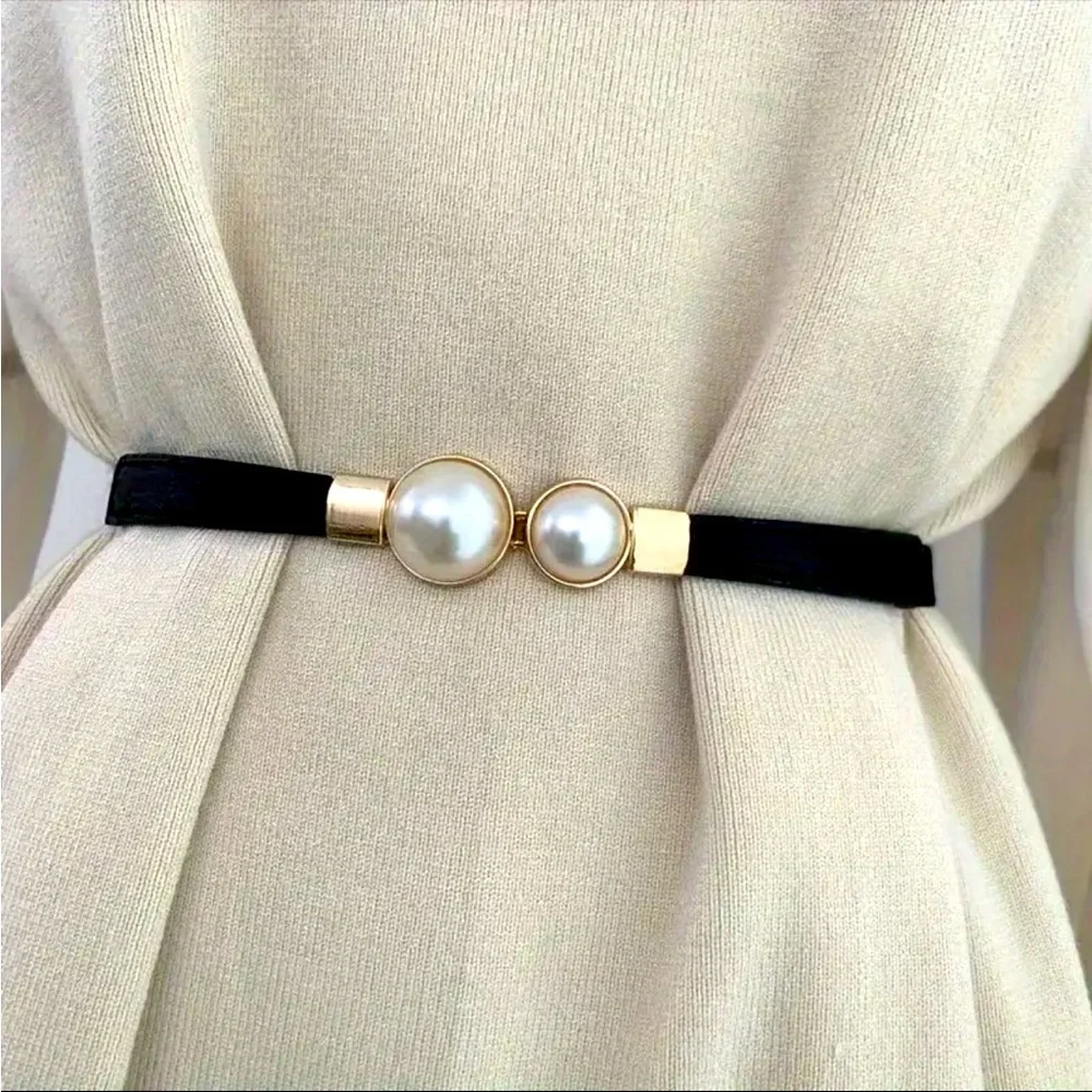 Thin Double Faux Pearl Buckle Solid Color‎ PU Leather Waist Thin Belt One Size